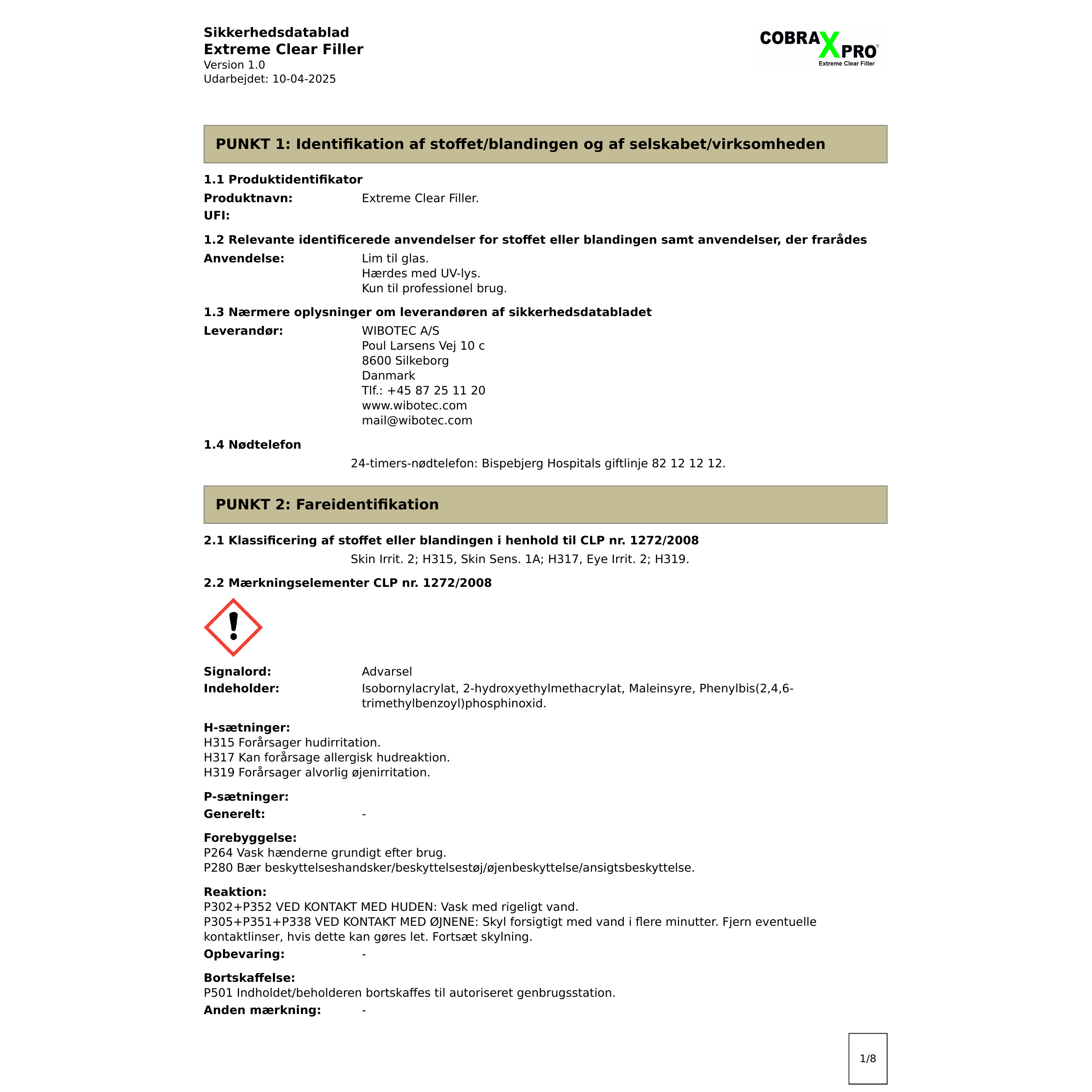ExtremeClearFiller Safety Data sheet